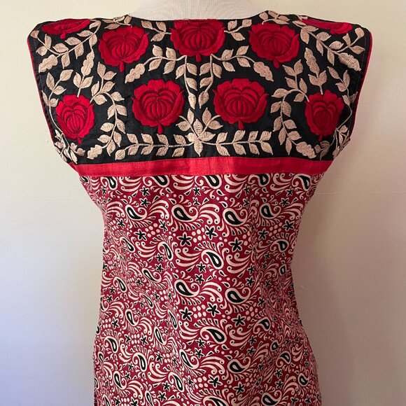 Cotton India Blockprint Embroidered Tunic Dress Roses & Paisley - Picture 3 of 10